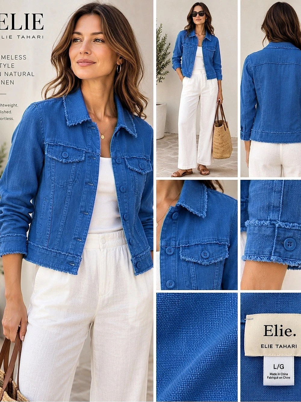 Elie Tahari Blue 100% Linen Trucker Jacket Raw Fringe Size L NWT